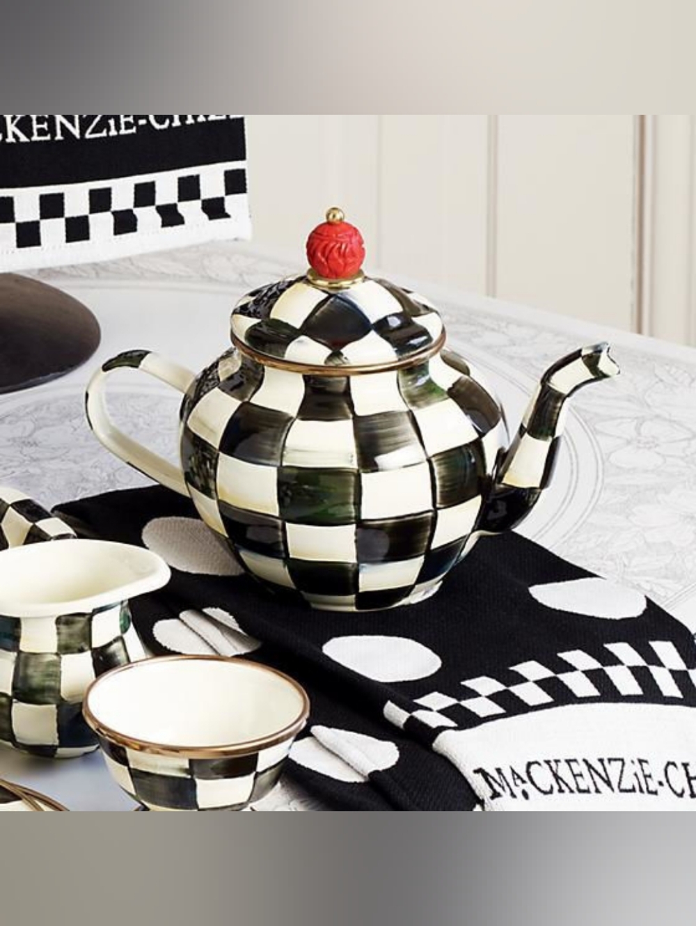 MACKENZIE-CHILDS Enamel Teapot, Cute Small Teapot with Lid, 4-Cup Capacity, Blac
